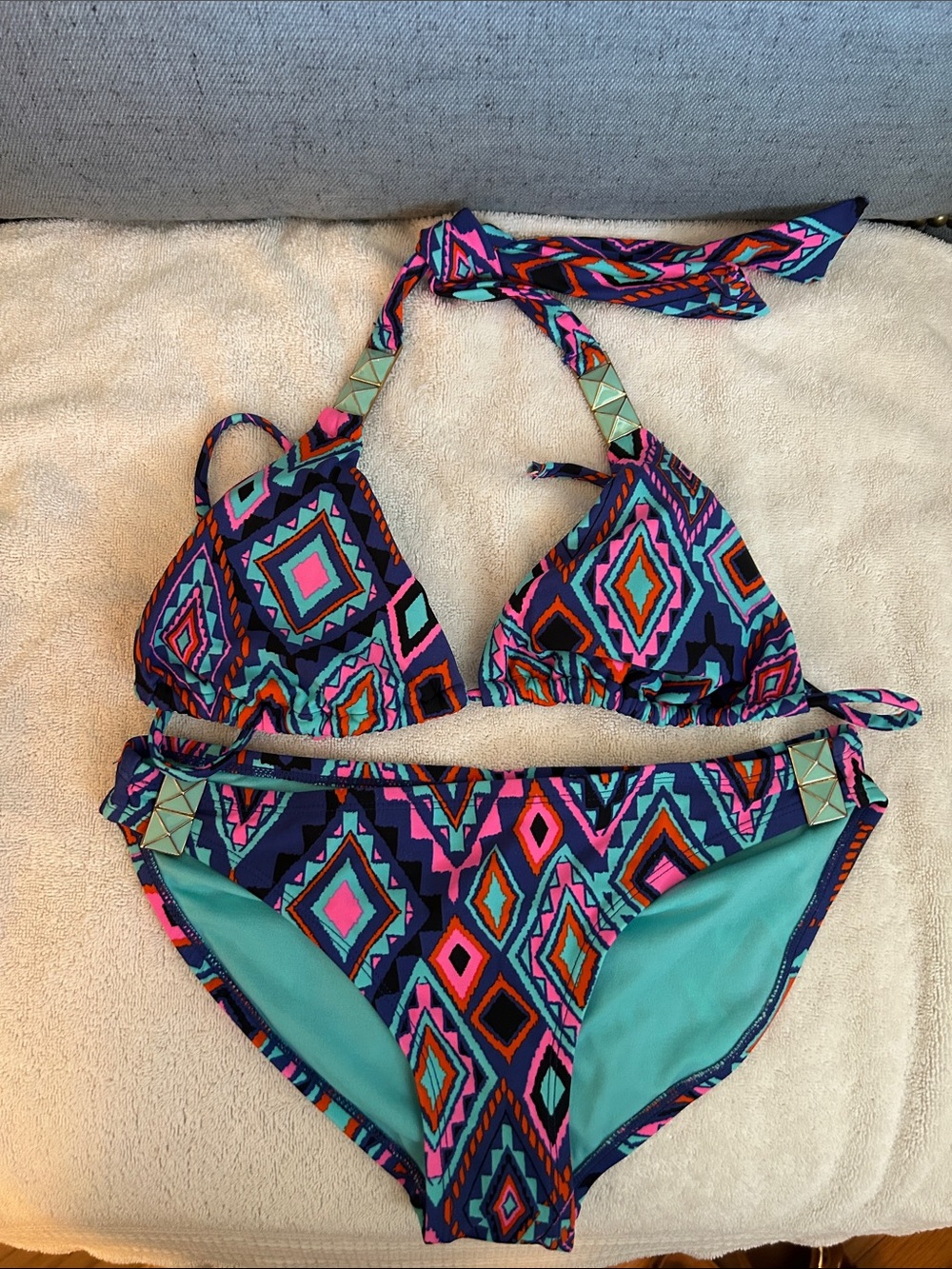 Vibrant Geo-Print Triangle Bikini Top - Pink, Teal, Navy